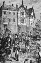 British troops march into Boston, the capital of Massachusetts Bay Province, in 1768 to protect and