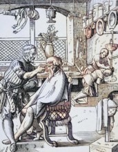 Barber. Reproduction of a woodcut from the 16th century by Jost Amman from the 19th century,