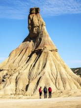Castildetierra rock formation, tourists, semi-desert, Bardena Blanca area, Bardenas Reales Nature