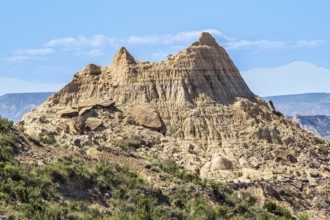 Colorful rock formation, semi-desert, Bardena Blanca area, Bardenas Reales Nature Park, Navarre,