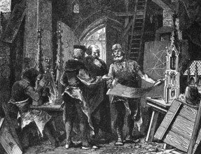 Architects and craftsmen designing a new cathedral, 12th century, digital reproduction of a