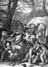 Medieval robber barons attack a trading caravan in the 12th century, digital reproduction of a