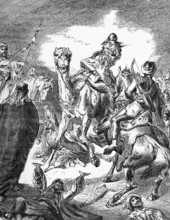 Ayesha (612 - 678 AD), a woman of Muhammad, is led into captivity by Ali during a battle in the