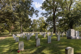 Grave stones in the US National Cemetery in Shiloh National Military Park near Shiloh, Tennessee