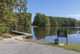 Informational sign at boat ramp on Pin Oak Lake at the Pin Oak Campground in Natchez Trace State