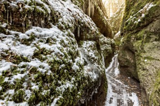 Narrow, snow-covered gorge with moss-covered rocks in a tranquil winter setting, the