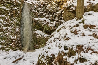 Frozen waterfall in a rocky environment with snow-covered ground and trees, The Dragon Gorge near