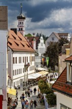 Lively historic pedestrian zone with church tower and street cafés, The town of Kempten im Allgäu
