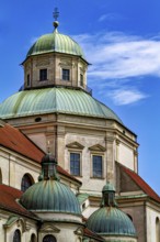 Baroque domes and tower in front of a blue sky with few clouds, The town of Kempten in the Allgäu