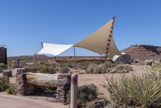 Shade structures provide visitors relief from the desert sun at Eagle Point in Grand Canyon West
