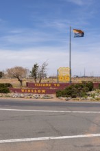 Sign on the eastern end of the city along historic Route 66 welcomes visitors to Winslow, Arizona