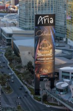 Large digital sign for the Aria resort and casino on the strip in Las Vegas, Nevada