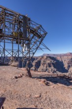 Abandoned steel framework of cable head-house use to mine bat guano at Guano Point in Grand Canyon