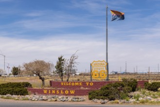 Sign on the eastern end of the city along historic Route 66 welcomes visitors to Winslow, Arizona