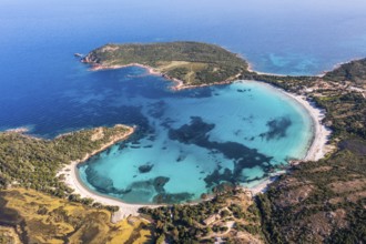 Aerial view, Plage de Rondinara, turquoise sea, sandy beach, bay, Corsica, France