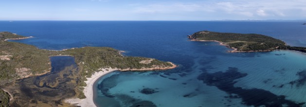 Panorama, aerial view, Plage de Rondinara, turquoise sea, sandy beach, bay, Corsica, France