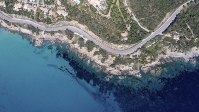 Aerial view, rocky coast and road, Corsica, France