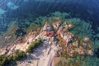 Aerial view, colourful rocks in the sea, rocky bay, Corsica, France