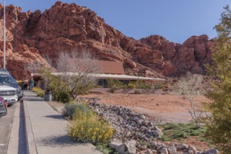 Visitor Center at the base of large red rock formations in Valley of Fire State Park near Overton,