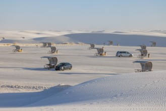Parking and picnic area between the white gypsum sand dunes at White Sands National Park in