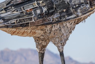 Close up of Recycled Roadrunner statue made entirely from discarded materials by artist Olin Calk