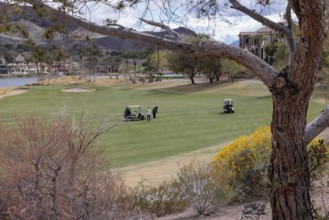 Golfers playing on a golf course along the shoreline of Las Vegas Wash at Lake Las Vegas in