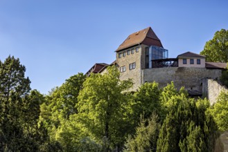 View of a castle tower rising above the dense treetops under a clear sky, The Creuzburg in