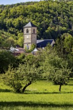 A church tower towers over trees and a meadow, embedded in nature, The church tower of the