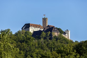 Castle on a green hill under a bright sky, Wartburg Castle near Eisenach in Thuringia