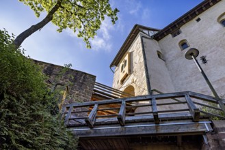 Close-up of part of a building with a wooden structure and wall, Wartburg Castle near Eisenach in