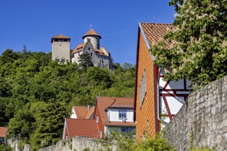 View of a village with red roofs, half-timbered houses and a castle in the background on a hill,