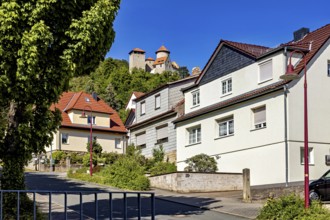 Rural houses on the roadside with a historic castle on the hill in the background, Normannstein