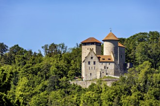 Medieval castle with towers, surrounded by dense forest in bright sunshine, Normannstein Castle