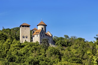 Old castle on a wooded hill in sunny weather and clear skies, Normannstein Castle near Treffurt in