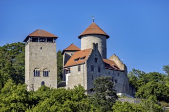 A medieval castle with two towers against a clear blue sky and surrounded by green trees,