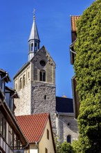 Church with high tower in front of blue sky and surrounding buildings, surrounded by trees, The