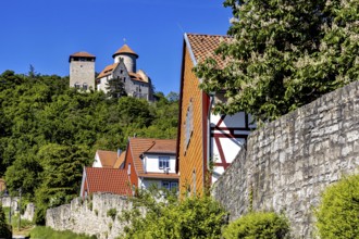 Half-timbered houses in a village in front of an imposing towering castle on a green hill,