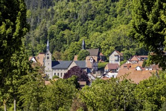 Idyllic village with a church and surrounded by green hills and dense forests, the town of Treffurt