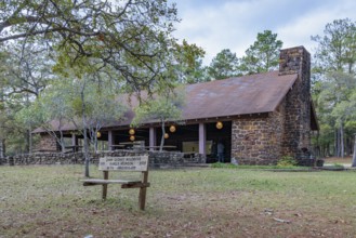 Stone and wood frame pavilion at Clarko State Park near Quitman, Mississippi, USA
