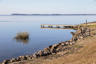Small wooden dock and boat ramp on Lake Seminole at the Corps of Engineers Eastbank Campground near