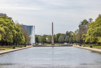 Pioneer Memorial Obelisk at the end of the Mary Gibbs and Jesse H. Jones Reflection Pool at Hermann