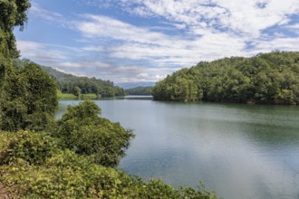 View of a part of Fontana Lake as seen from the open air car of the Great Smoky Mountains Railroad