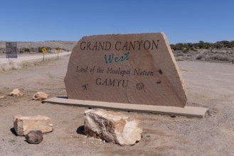 Entrance sign wlecoms visitors to Grand Canyon West near Peach Springs, Arizona