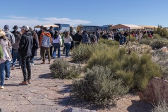 Visitors in line to take bus transportation from Eagle Point area too the Guano Point area of Grand