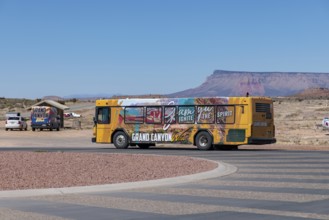 Colorful wrapped busses transport guests to attractions at Grand Canyon West near Peach Springs,