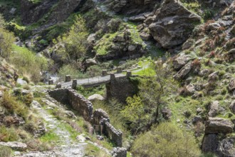At village Busquistar, hiking path in the gorge of river Trevelez, bridge, Sierra Nevada,
