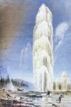 Giantess Geyser in Yellowstone National Park erupts in the 1870s, America, digital reproduction