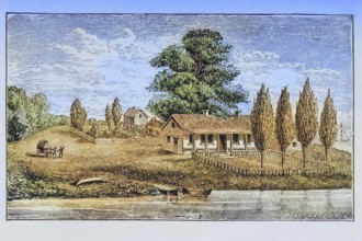 The first house built in Chicago, Illinois, circa 1850, America, digital reproduction from American