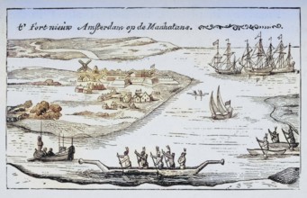 Fort and settlement of New Amsterdam on Manhattan Island in the 1620s, America, digital