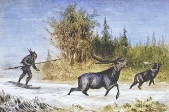 Moose hunt in the Northwest Territory in the 1870s, America, digital reproduction from American